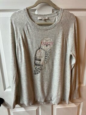 LOFT Soft Light Gray Ribbed-Neck Knit Top